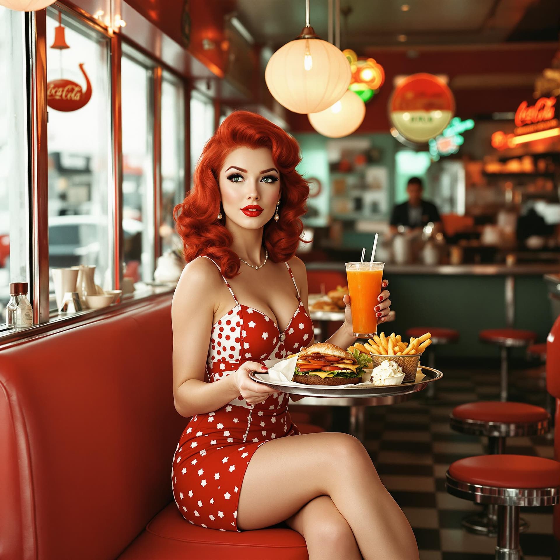 AI generated: retro, a woman with vibrant red hair, stylish pin-up outfit, sitting confidently on a stool, holding...