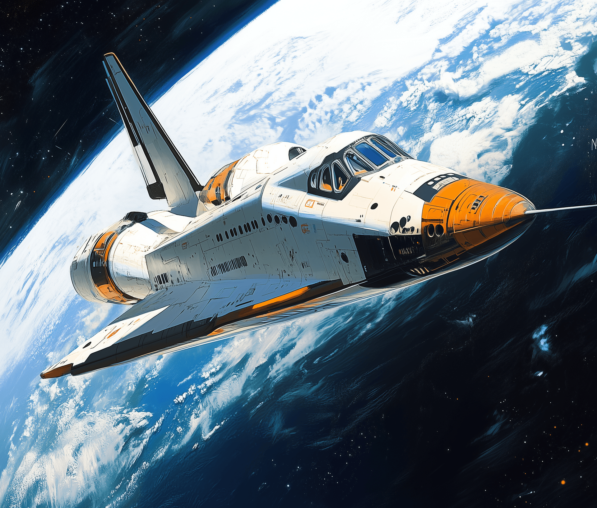 AI generated: Futuristic space shuttle, a spaceship in orbit over Earth in the style of Noriyoshi Ohrai, Syd Mead,...