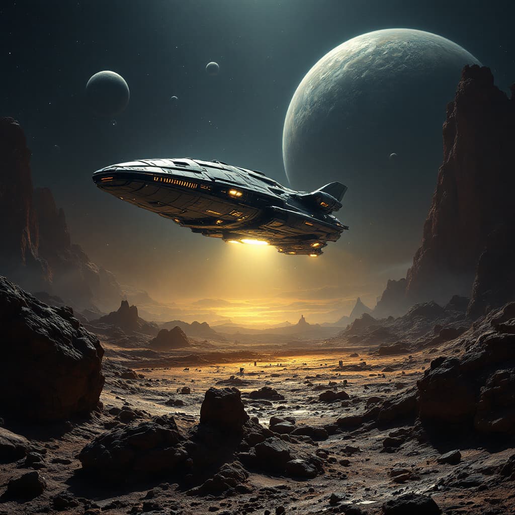 AI generated: A scene of a spaceship landing on an alien planet. The style is reminiscent of a science fiction mov...