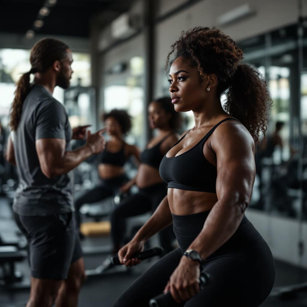 AI generated: high-resolution photo, black women in the gym (with different body size) doing different workouts, t...