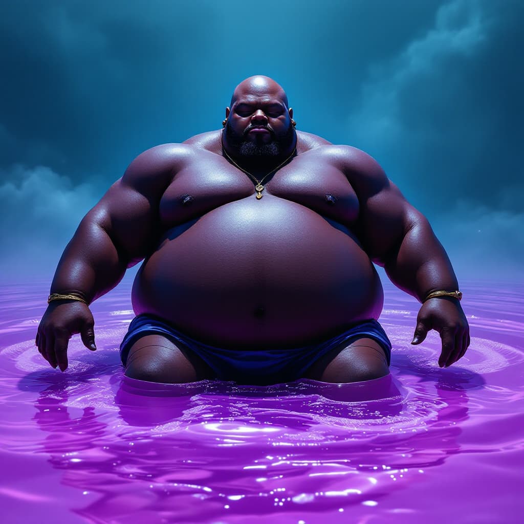 AI generated: dave blunts a big very very fat bald black rapper as an inflatable bouncy castle floating on a pool ...