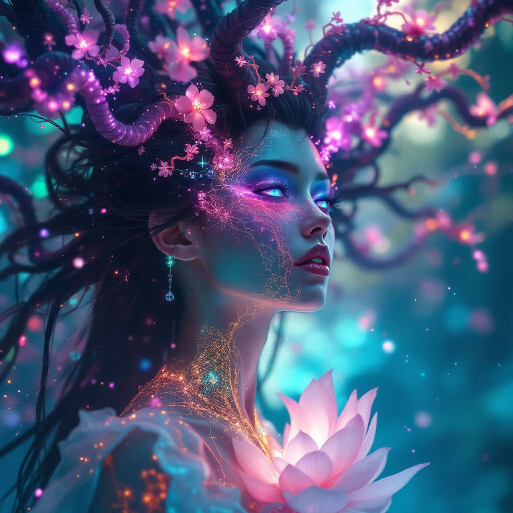 AI generated: A lavish, cinematic digital painting reimagining mythic cyberpunk opulence through the lens of a bio...