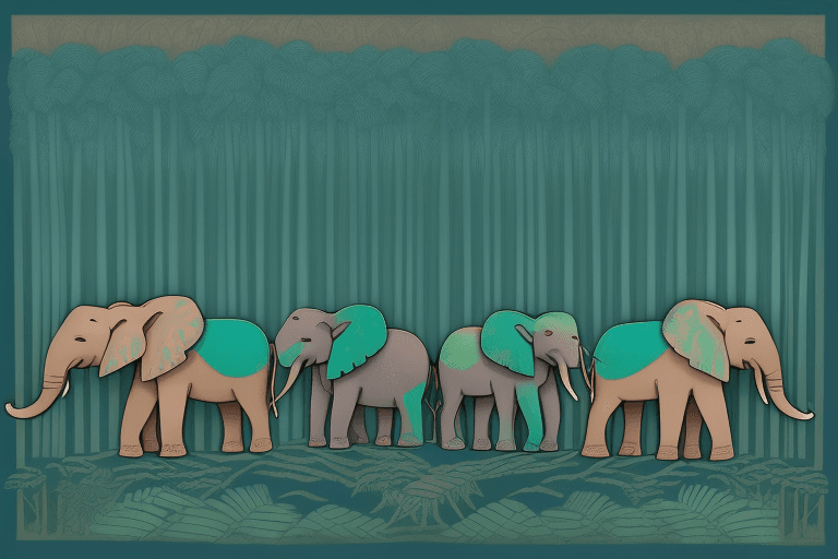 AI generated: Rectangular painting depicting seven elephants with trunks raised upwards, walking in a row through ...