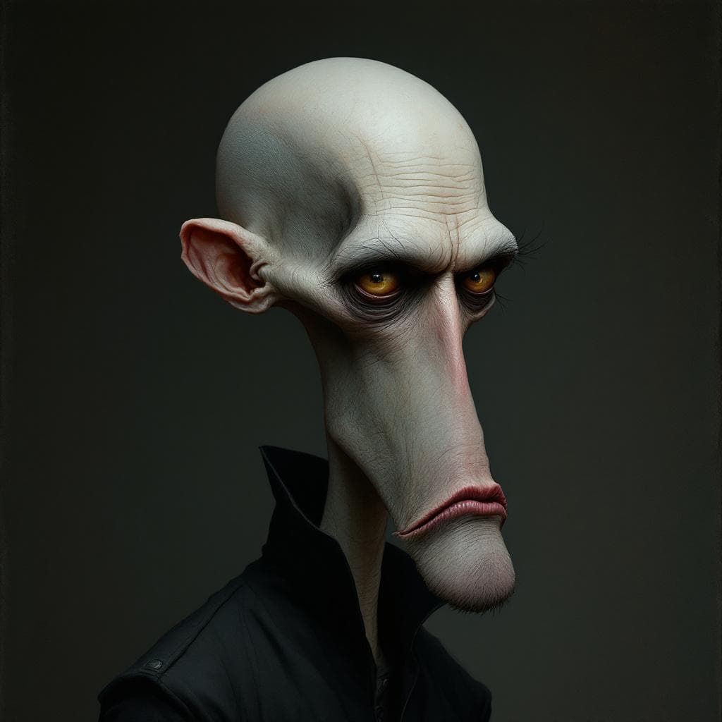 AI generated: Photorealistic Caricature with Ultra Fine Painterly. Portrait of a mysterious slender man with long ...