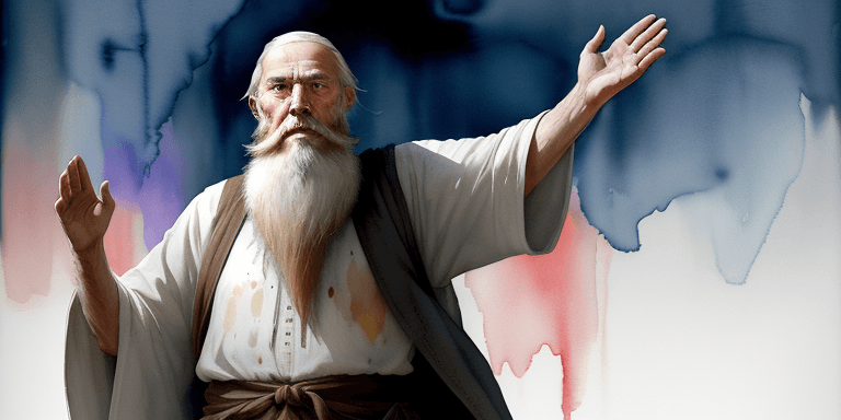 AI generated: a stunningly Abraham, an old man with a long beard dressed in a simple tunic, with his hands raised ...