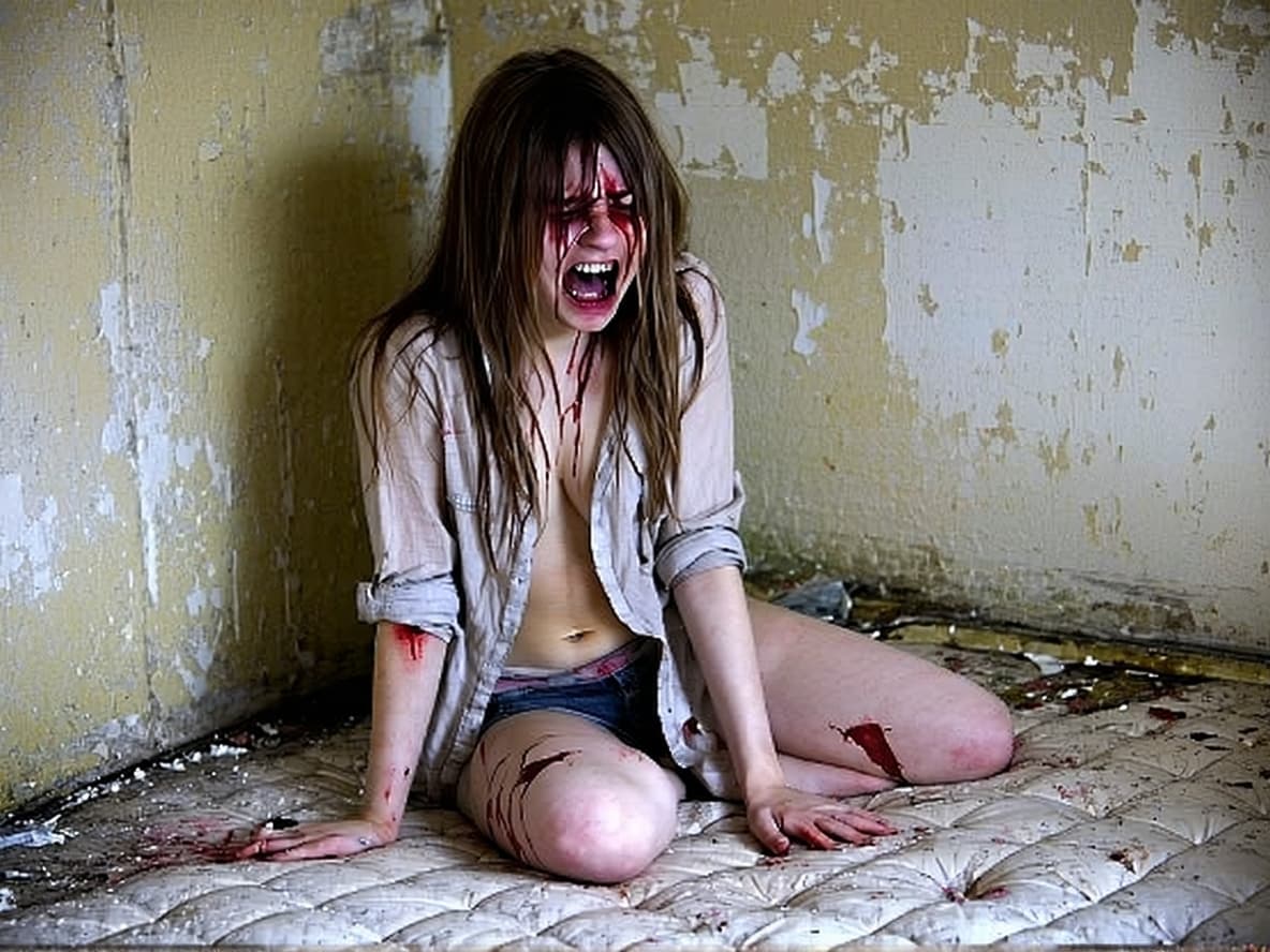 AI generated: insalubrious room, decrepit walls, torn wallpaper, on the floor a mattress it is dirty, smashed. Sit...
