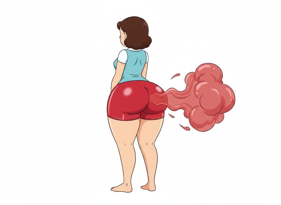AI generated: this character is wearing the same top tucked but with red spandex shorts and wide hips and thick th...