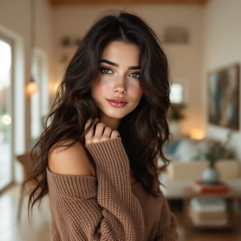 AI generated: High resolution A woman with wavy dark brown hair, wearing an off-shoulder oversized brown knit swea...