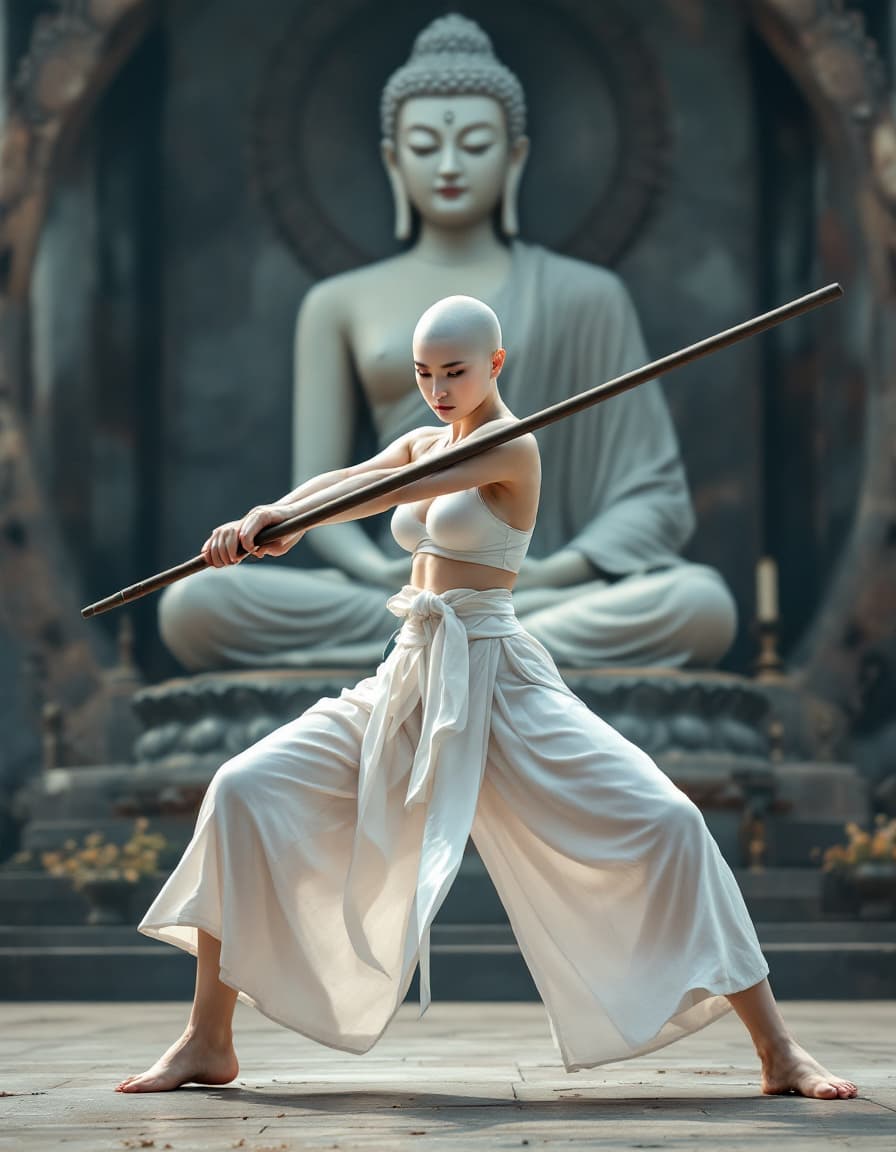 AI generated: full body view, a beautiful bald Korean woman with porcelain skin. She is wearing a white bra and a ...
