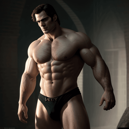 AI generated: henry cavill with gigantic muscles, wearing nothing, full body, cinematic shot, high quality