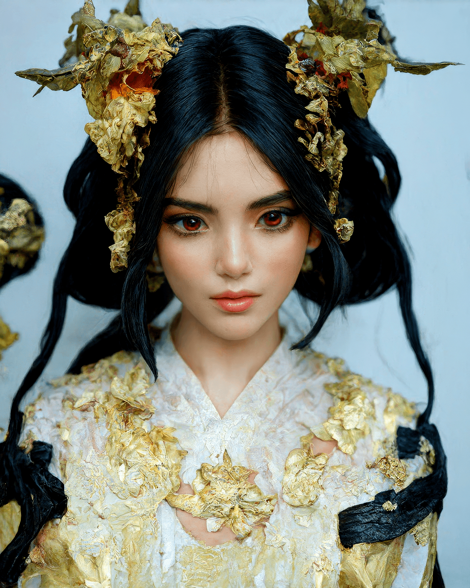 AI generated: an ancient female Japanese sculpture with red eyes, intricate details and patterns, hyper-realistic ...