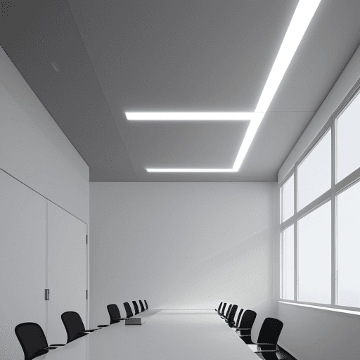 AI generated: Front view, office, minimalist, contemporary style, high gloss, cool-toned lighting, bright afternoo...