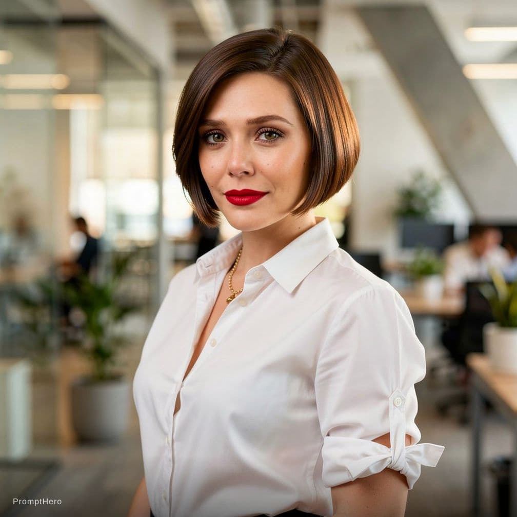 AI generated: office lady, tied unbutton sleeve, big bob, red lips