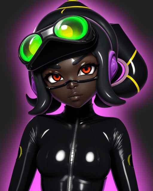 AI generated: splatoon, dark skin, latex suit, visor, dronification, hypnotized,  