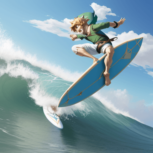 AI generated: link qui tient une truite et qui fait du surf