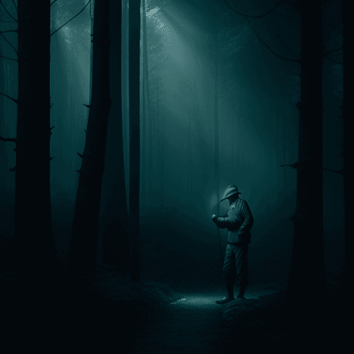 AI generated: a Fisher man in forest in a forest following blue lights, in the style of dark modernism, urban-insp...