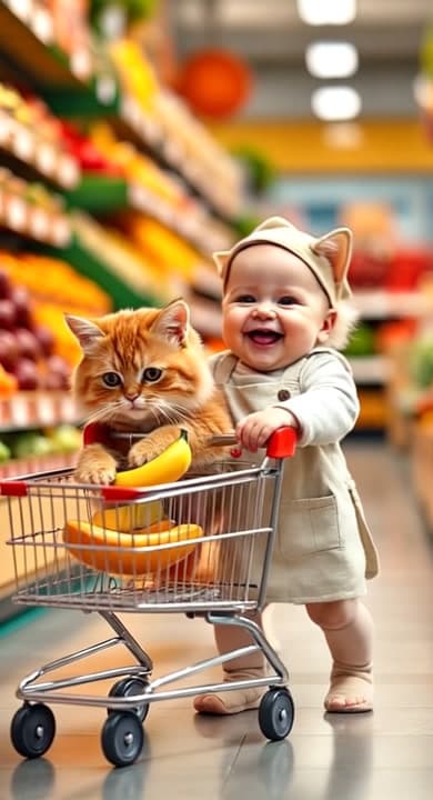 AI generated video: A hyper-realistic video of a super cute baby pushing a tiny shopping cart, smiling joyfully, while a...