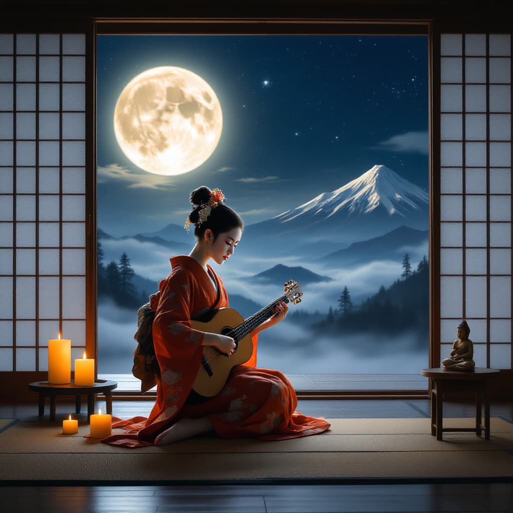 AI generated: Full body view of a traditional Japanese geisha playing a shamisen (Japanese guitar) in a quiet wood...