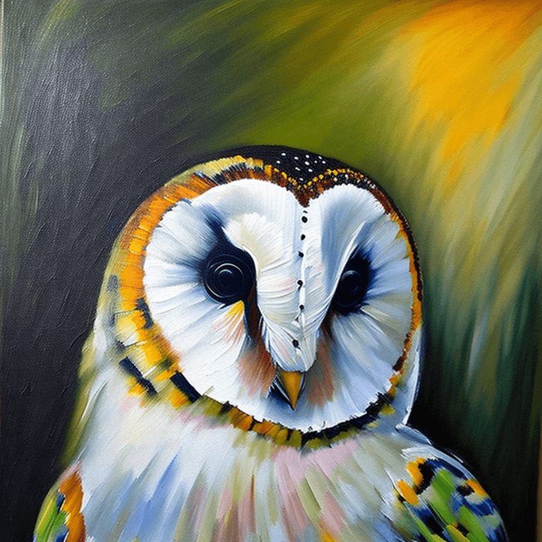 AI generated: Ralistic, ((Masterpiece, best quality)), cute perching barn owl in dream park, Picasso oil painting,...