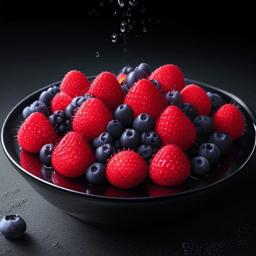 AI generated: brightly coloured strawberries, blueberries, raspberries, gooseberries, red currants, black currants...