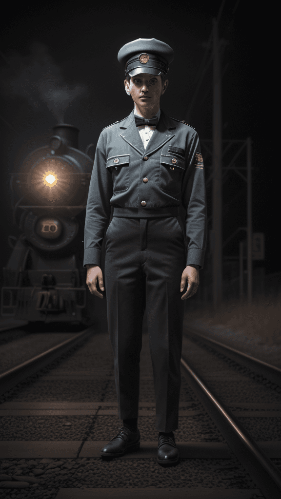 AI generated: An Obnoxious person wearing Fresh Exclusive Georgette Railroad conductor uniform, 4K photography, Wi...