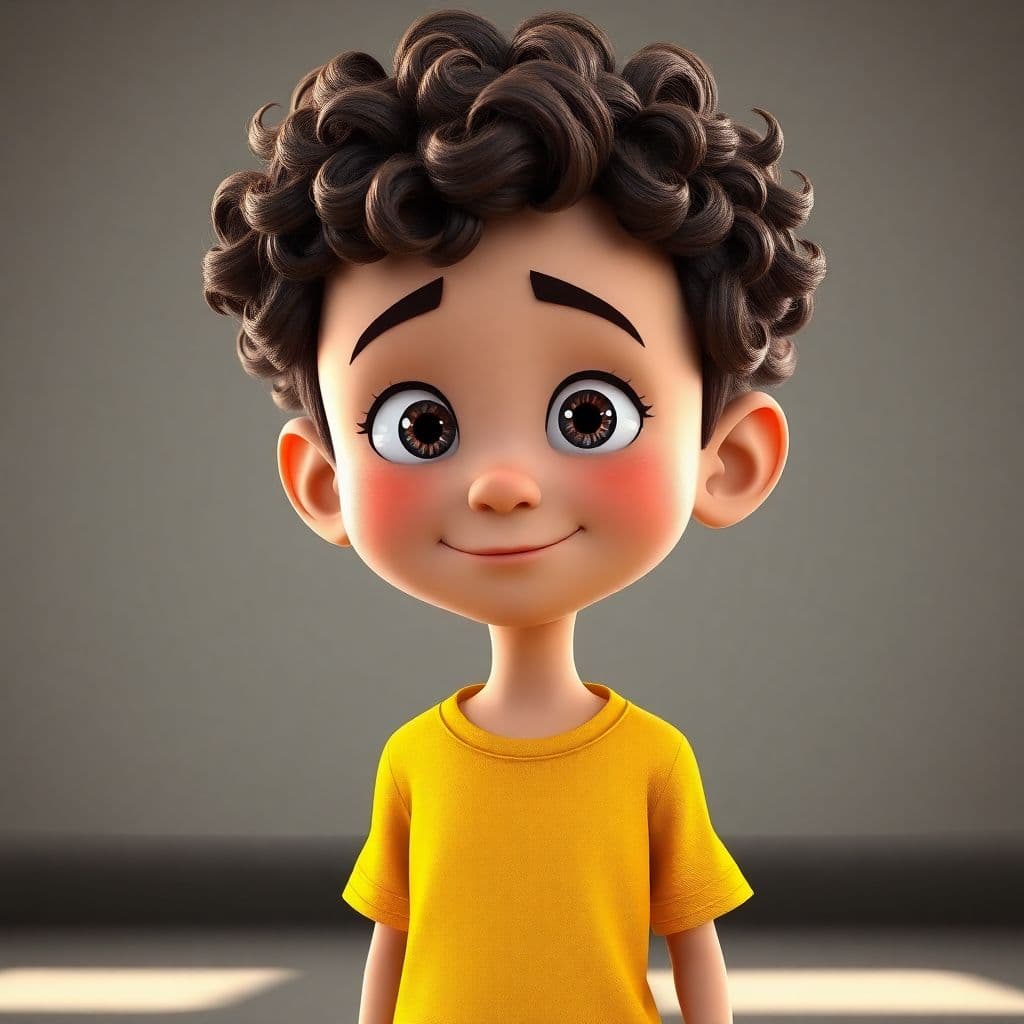 AI generated: a boy with curly hair and yellow shirt, in the style of rendered in cinema4d, charming characters, i...