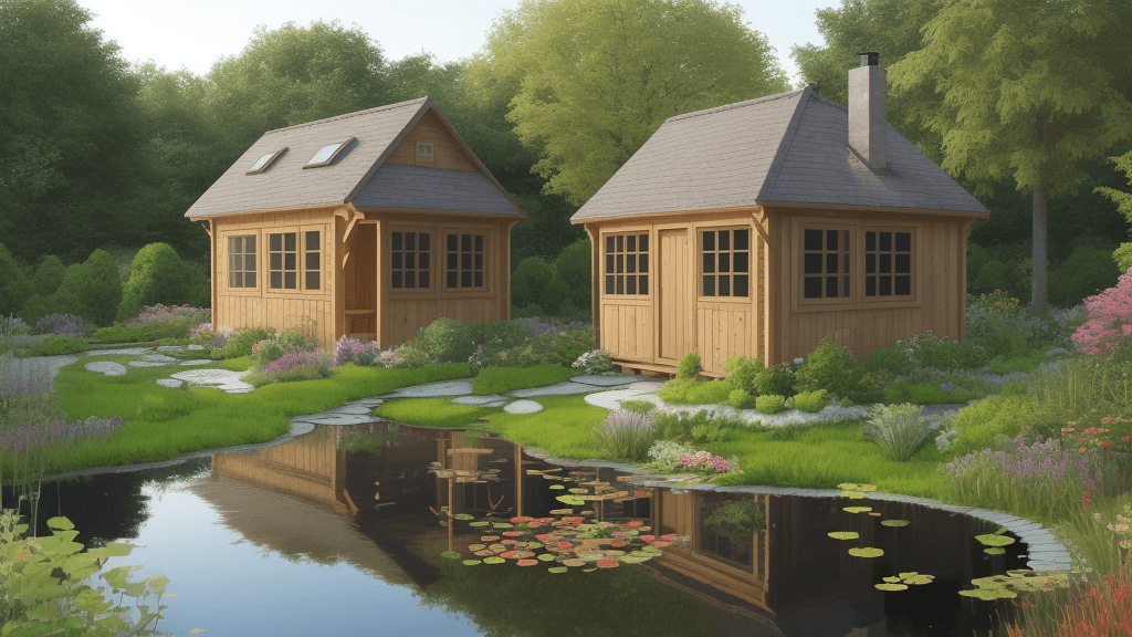 AI generated: Small wooden house, pond, garden