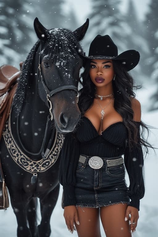 AI generated: A stunning black woman in a cowboy hat and off-the-shoulder black top, posing next to a majestic bla...