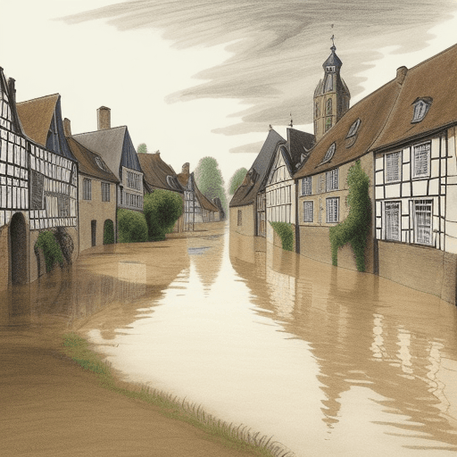 AI generated: Coloured pen drawing of flooding Demer (river) in the 17th century province town of Diest - anton Pi...