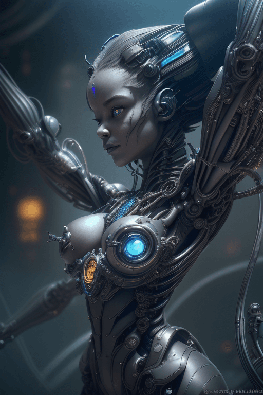 AI generated: realistic studio profile photograph closeup of a lovely mechanical fairy Black queen with her arms r...