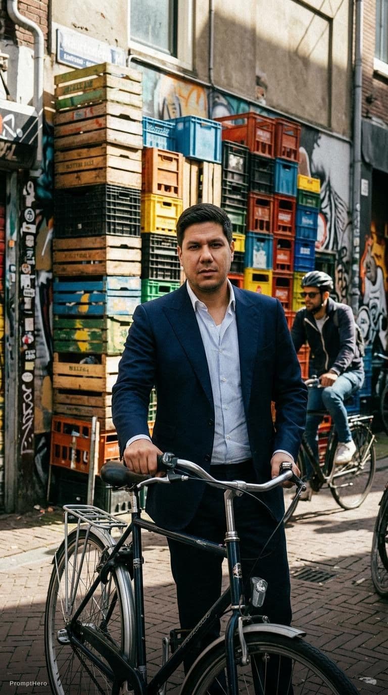 AI generated: contemporary street scene, professional man model with a colorful backdrop of stacked crate, street ...