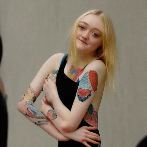 AI generated: Dakota fanning body art, comfort pose,
