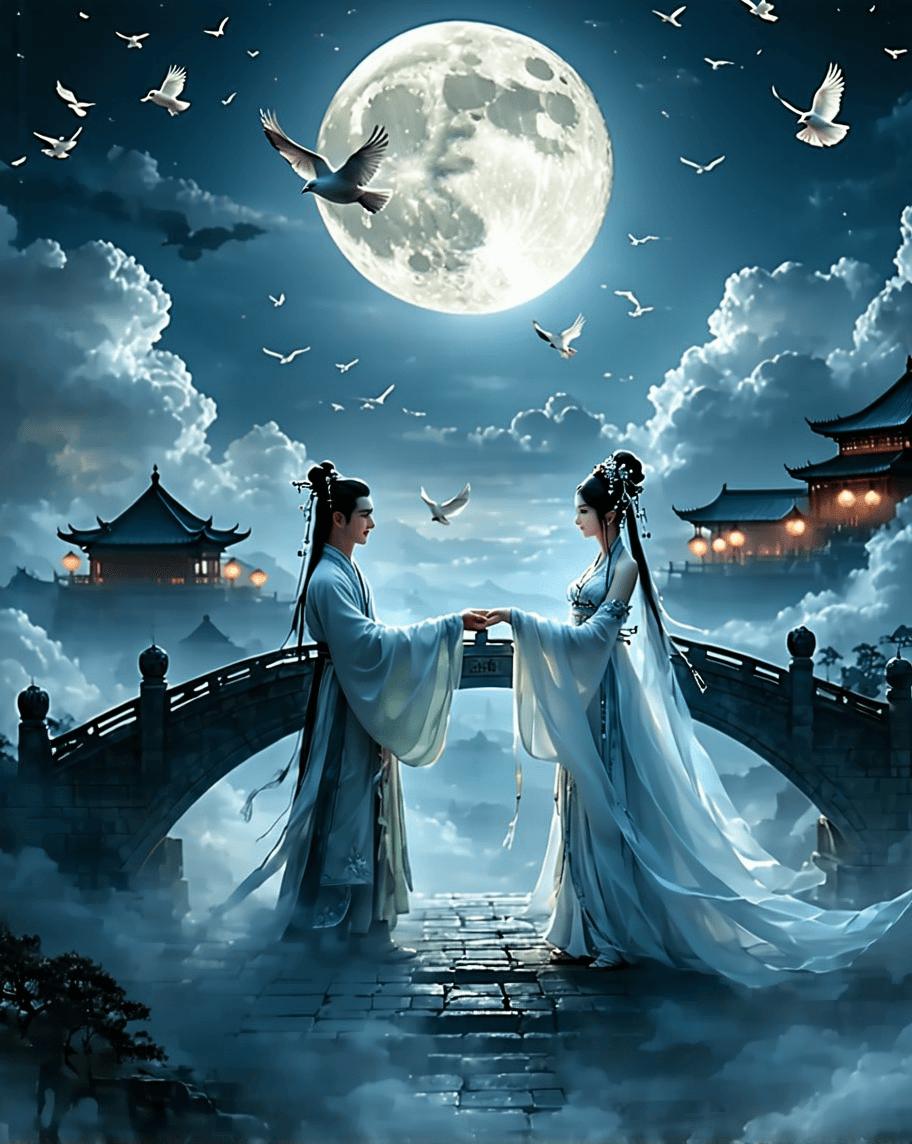 AI generated: At night, the round moon hangs in the sky. In Chinese mythology, the Cowherd and Weaver Girl, a boy ...
