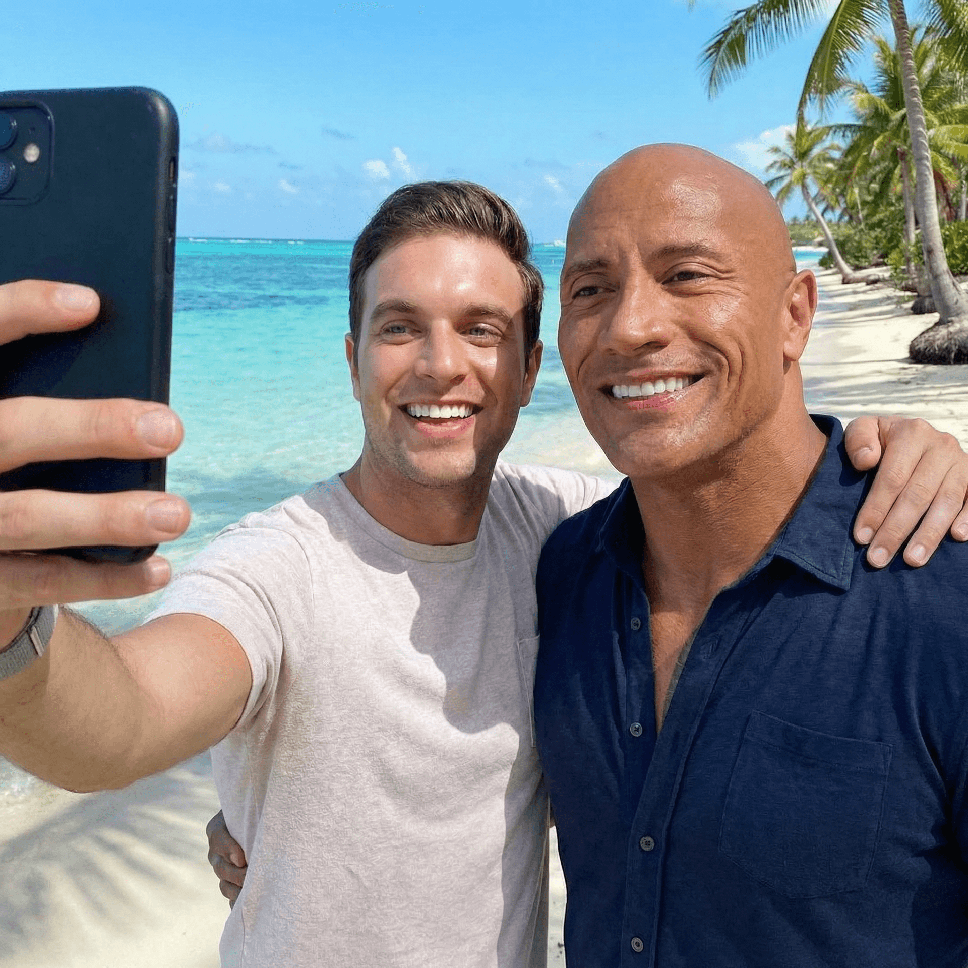 AI generated: with Dwayne Johnson at a tropical beach, sunny day, both smiling