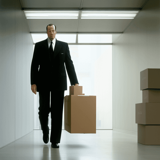 AI generated: Hyper realistic eye level  photo of A man is carrying a large cardboard box - isolated on a neutral ...