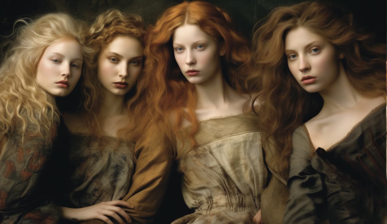 AI generated: a group of women sitting next to each other, by Annie Leibovitz, renaissance, hair flowing, karol ba...