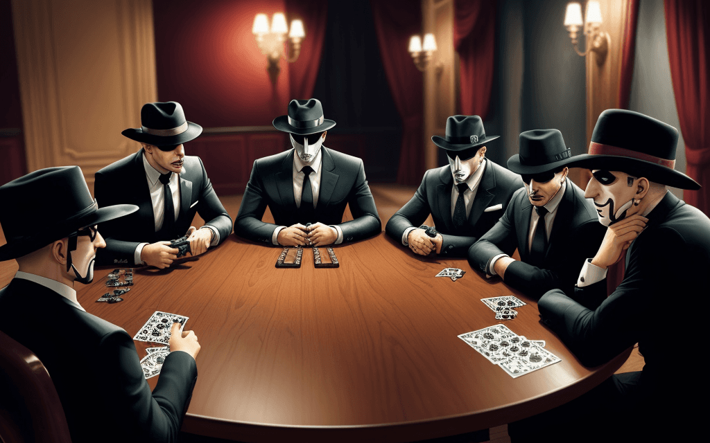 AI generated: mafia,Table,gun,Citizen,Mafia verbal analysis face-to-face game,The mask and night phase of the in-p...