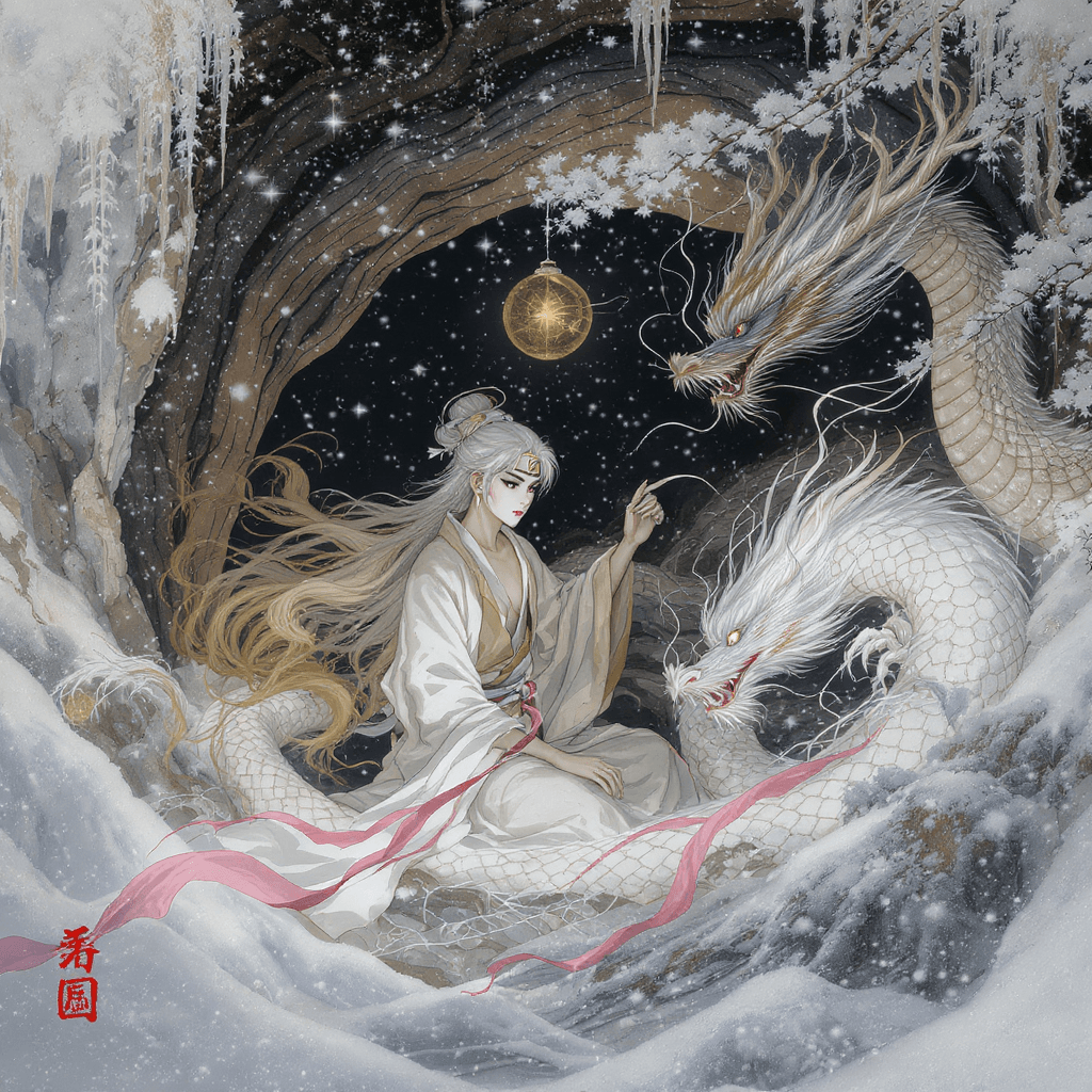 AI generated: a Chinese boy with white hair living in a cave, a celestial being, wears white Daofu, has a headband...