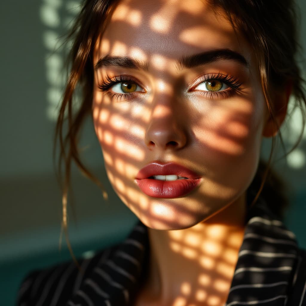 AI generated: Close-up portrait of a woman illuminated by soft, warm afternoon light streaming through window blin...