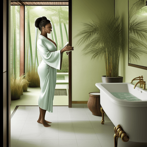 AI generated: Step into a serene, luxurious bathroom, where nature and elegance blend seamlessly. Picture rich bam...