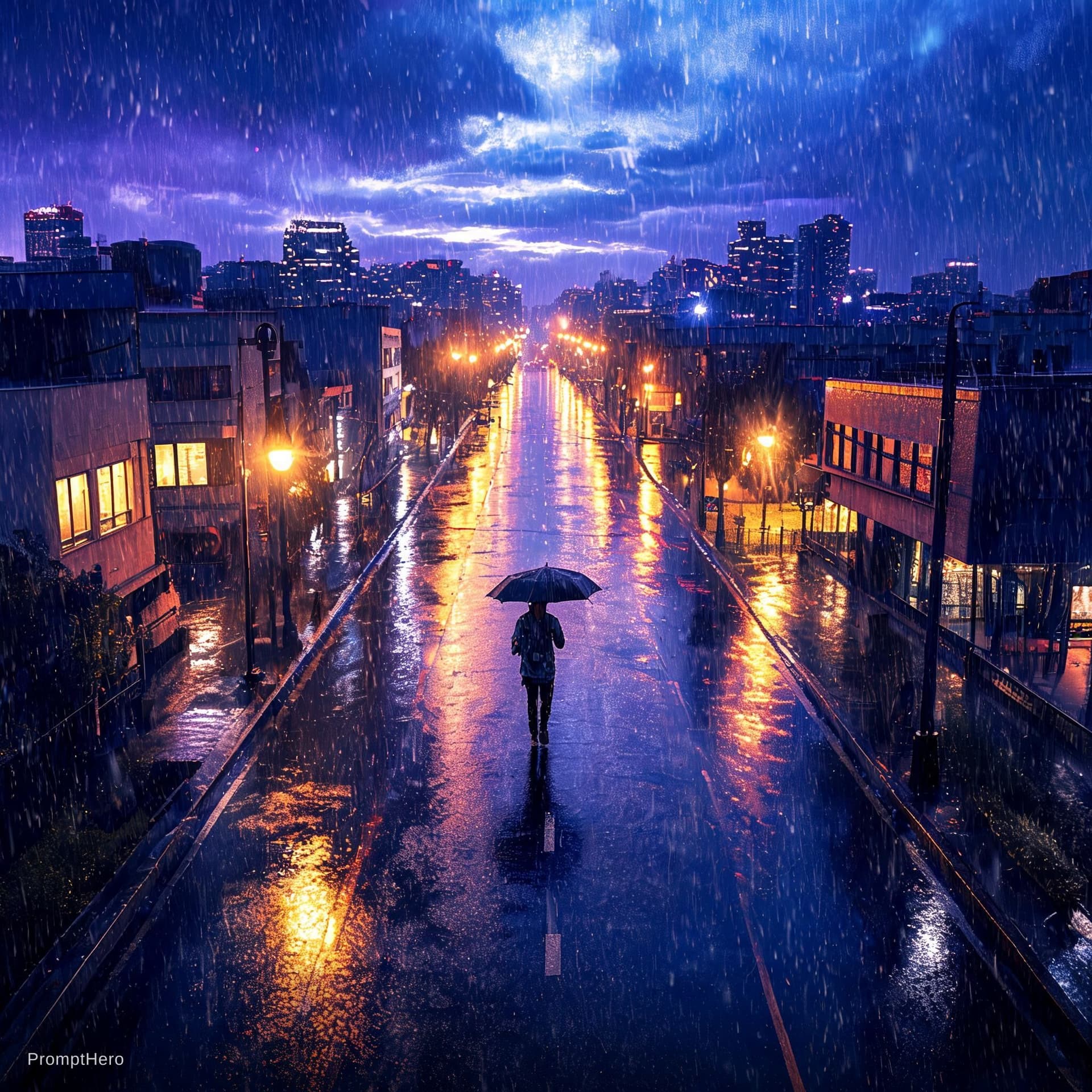 AI generated: an image of a person with an unbrella walks down a street through the rain, in the style of psychede...