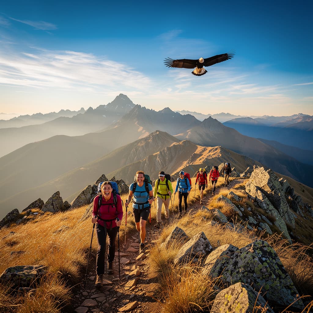 AI generated: A hyper-realistic, wide-angle cinematic shot of a diverse group of hikers trekking a rocky mountain ...