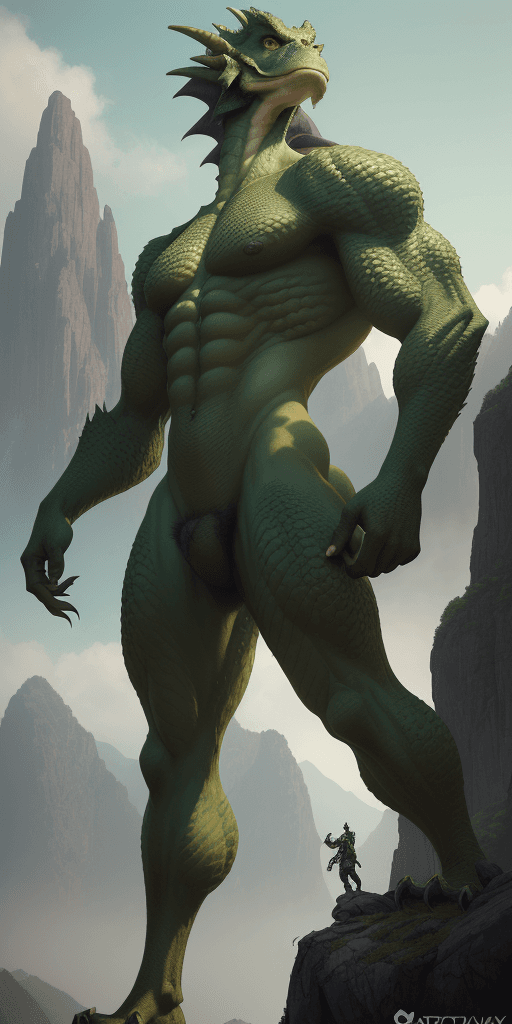AI generated: looking up at the quads of a skinny, athletic green male anthro dragon, gargantuan, towering over th...