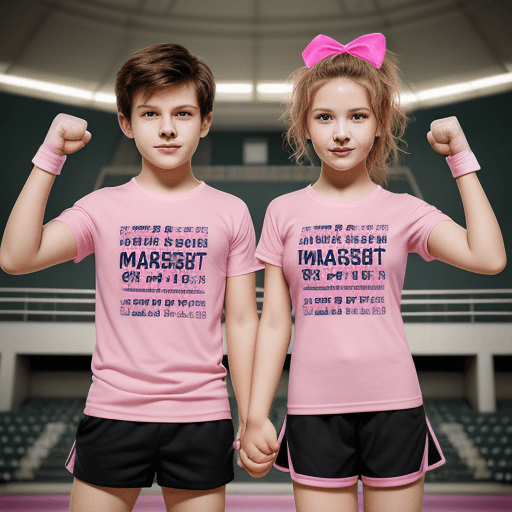 AI generated: masterpiece, best quality, 1 boy and 1 girl, flat chest, around 10 year old, energetic, Pink sport T...
