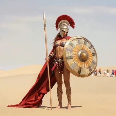 AI generated video: the woman takes cover behind the shield, thrusting her spear forward while the wind makes her cloak ...