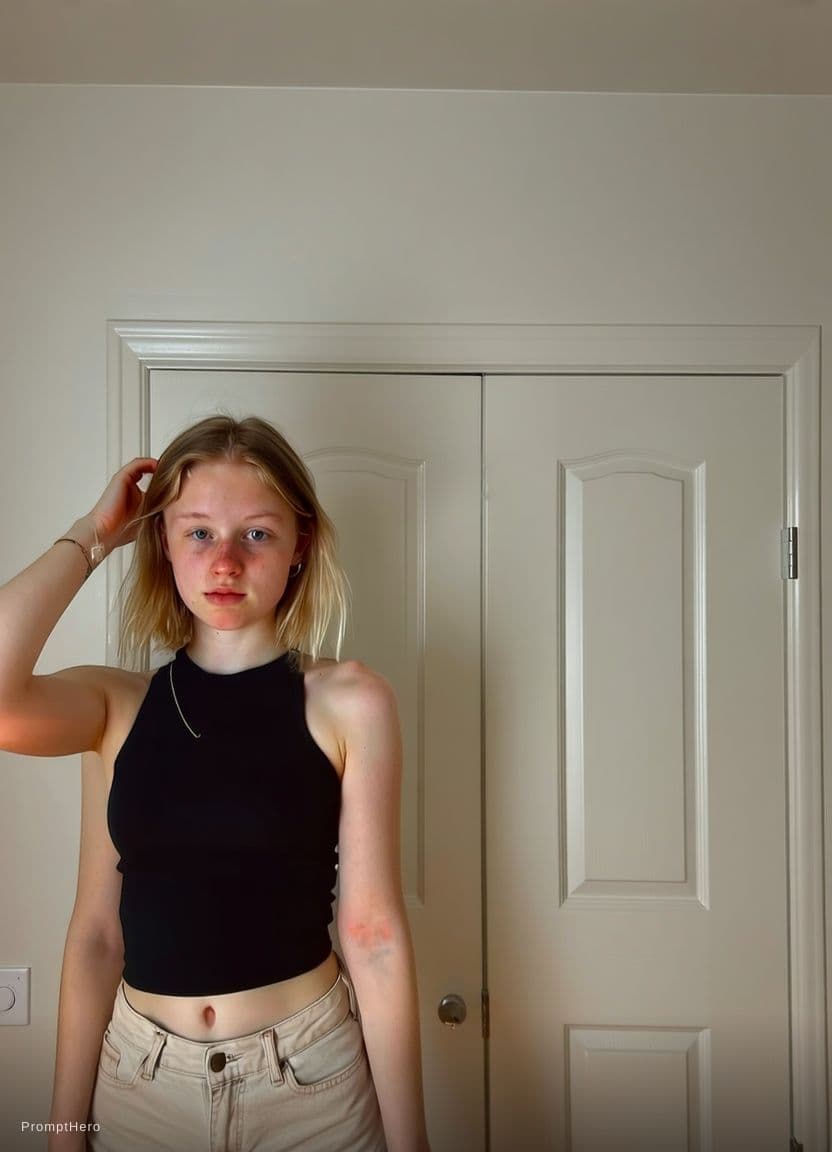 AI generated: 18 years old woman with natural breast  posing for a picture, very very pale blond hair, tumblr cont...