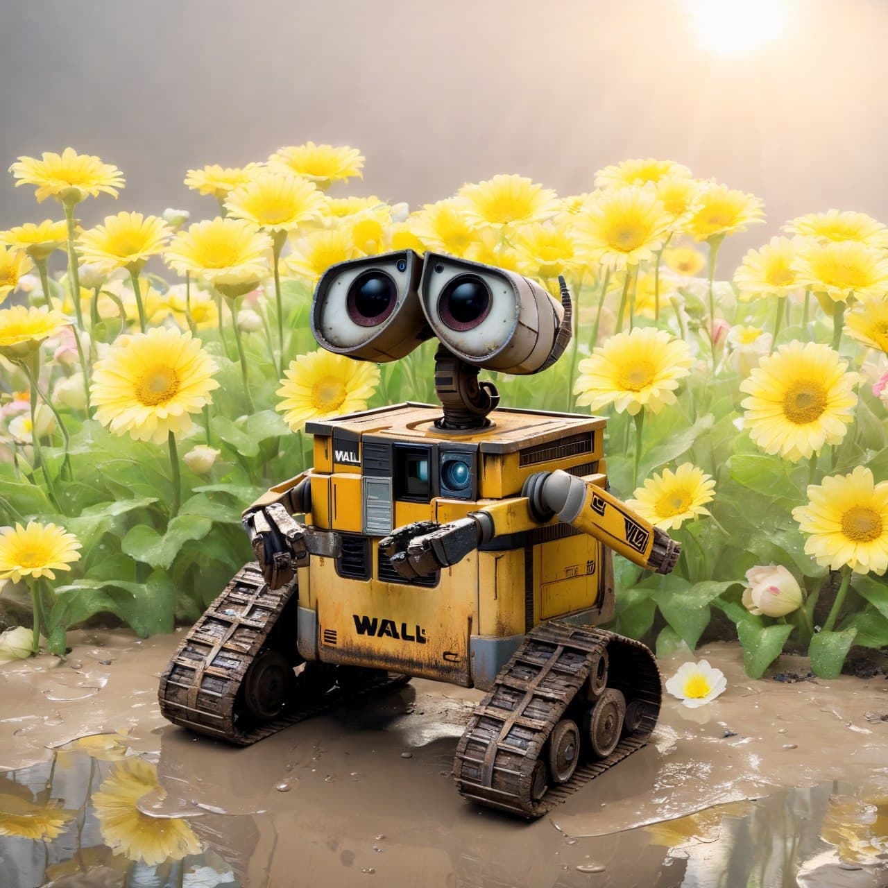 AI generated: WALL·E with flower. cinematic lighting, volumetric rays, moody, wet, dripping mud, (Masterpiece:1.3)...