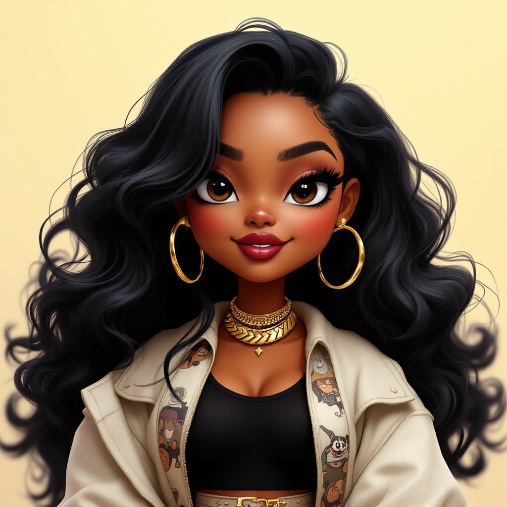 AI generated: create in the style of 3D Disney Pixar like African American curvy chibi with loving and cheerful ex...