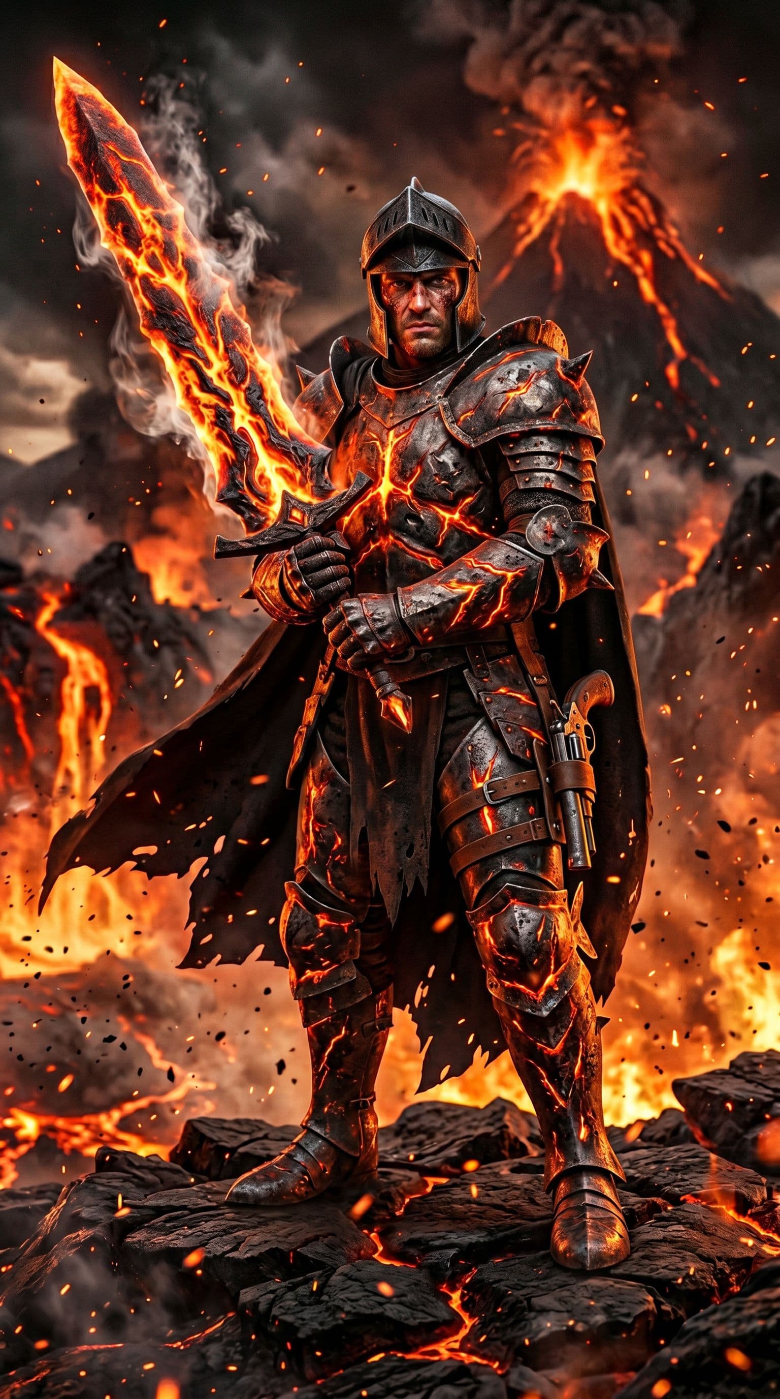 AI generated: A full-body portrait of a male infernal warden clad in scorched iron armor veined with ember-lit cra...