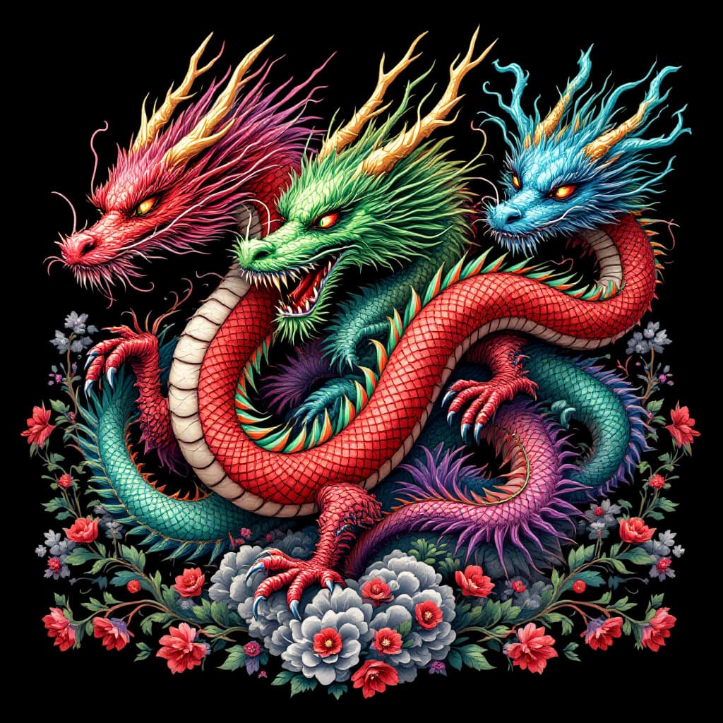 AI generated: A three headed dragon in all of it splendor In hues of red and green with some purple 